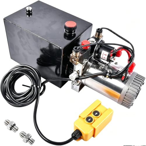 8 Quart Hydraulic Power Unit 1.6kW Power, 12V DC Double Acting Hydraulic Pump for Dump Trailer Car Lifting, Hydraulic Pump Power Unit Steel (GC01) & Aluminium Alloy with Metal Oil Reservoir - size: 8 Quart;Double Acting