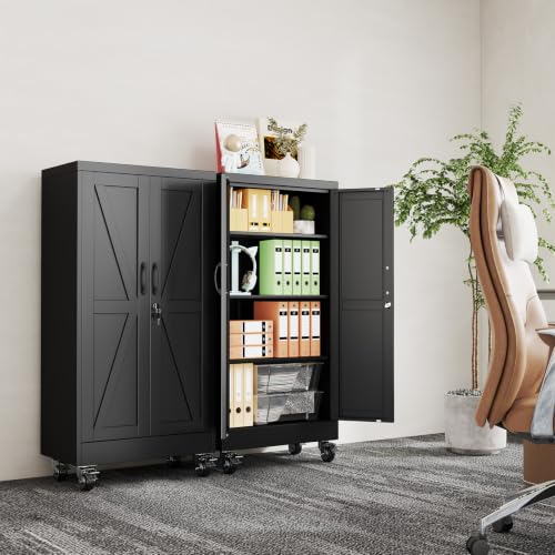 erosoei 47" H Metal Garage Storage Cabinet, Rolling Tool Cabinet with 2 Doors and Wheels, Locker Steel Cabinet with 3 Adjustable Shelves, Organization Cabinet for Garage,Office,Home,Gym,School - color: Black, size: 47" CasLck-M