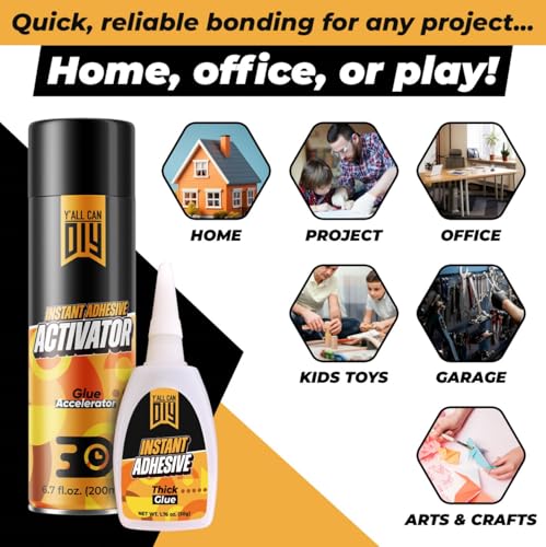 CA Glue with Activator (2 x 1.76 oz. + 2 x 6.76 fl oz.) - Industrial-Grade Cyanoacrylate Adhesive and Super Glue Accelerator for Woodworking, Crafts, DIY, and Repairs, Instant Glue Bond - size: 2 Pack