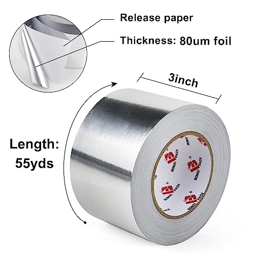 BOMEI PACK Aluminum Foil Tape,Heavy Duty Metal Duct Tape,High Temperature Silver Tape,Perfect for Sealing & Patching,HVAC,Air Ducts,Insulation and Metal Repair (3 Inch) - size: 3 Inch x 55 yards