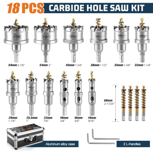 18PCS Heavy Duty Carbide Hole Saw Kit for Metal, Hole Cutter Drill Bits