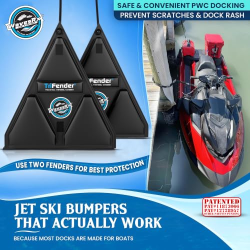 WAVESRX PWC Fender Bumper & Soft Loop Cleats for Safe and Convenient Jet Ski Docking - Patented TriFender Protects Jetski from Dock Rash & Scratches Folding Design with Adjustable Bungee - color: Orca Black