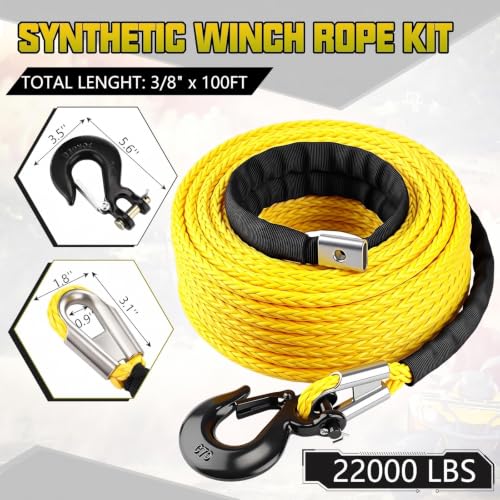 Marsui 3/8" x 100 ft Synthetic Winch Rope Cable Kit, 22000lbs, Yellow - color: Yellow, size: 3/8" X 100 ft