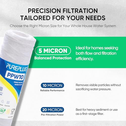 PUREPLUS 5 Micron 10"x2.5" Whole House String Wound Sediment Filter 4 Pack - size: 4 Count (Pack of 1)