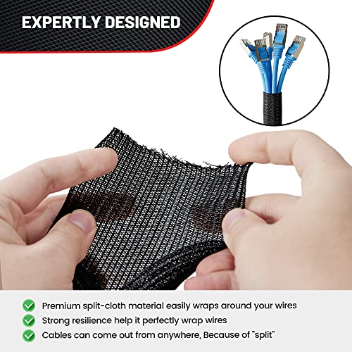 RED WOLF 10 Feet - 1 Inch Braided Wire Cable Sleeve Split Wiring Loom Tube Flexible Self-Wrap for Automotive Computer Cable Cord Management Cover Protector, Anti-Scratch High-Temperature Black Loom - size: 1" x 10FT