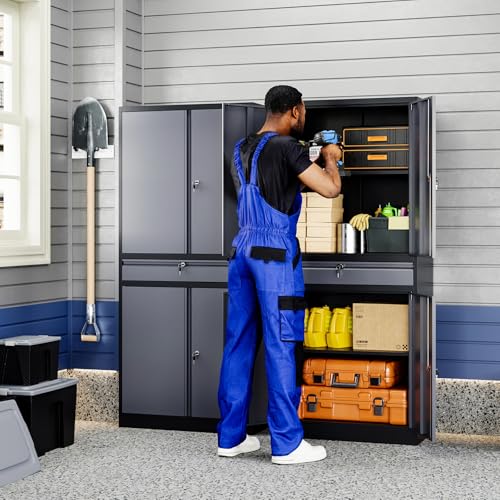 Yizosh Metal Garage Storage Cabinet with Locking Doors and Adjustable Shelves, 71" Steel Tool Storage Cabinet with 1 Drawer for Garage,Office,Warehouse (Gray Black) - color: Gray Black, size: 1 Drawer - 71"H