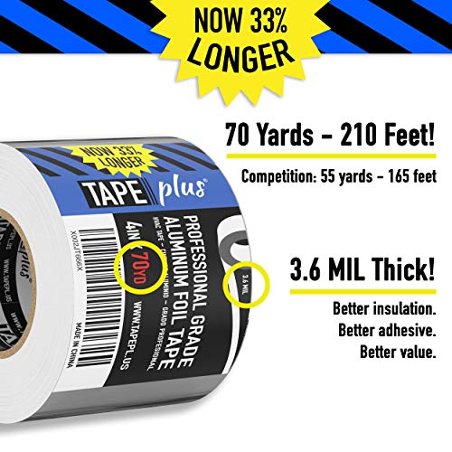 TapePlus Heat-Resistant Aluminum Foil Tape - HVAC Tape Seal - Waterproof Seal for Insulation - Foil Insulation Barrier for Pipes - 4 in x 210 ft Roll, Silver - size: 4 Inch