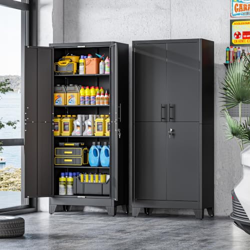 70.86" Metal Garage Storage Cabinet, Lockable Tall Tool Cabinet, Black - color: Black, size: 13.78"D x 25.98"W x 70.86"H