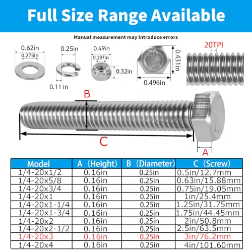 10Pack 1/4-20x3 Hex Head Screw Bolt,304 Stainless Steel - size: 1/4-20x3"