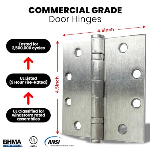 A1 ProGuard 4.5" Heavy Duty Door Hinge, 3 Pack 4.5 x 4.5 Inch Ball Bearing Door Hinges with Square Corners for Commercial and Residential Doors, Brushed Nickel