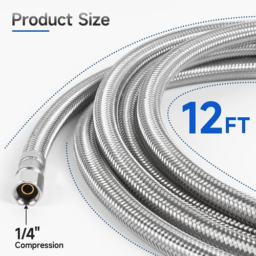 12 FT Refrigerator Water Line, 1/4" Compression Stainless Steel Braided Ice Maker Water Hose, Fridge Water Line for Refrigerator - size: 12 Feet