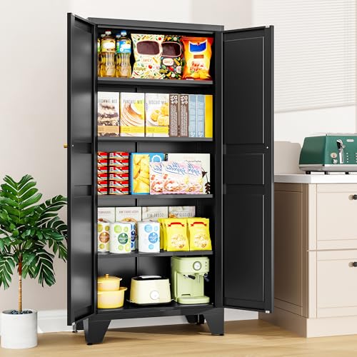 SISESOL Metal Storage Cabinet with Doors and Shelves,Black Storage Cabinet with Leg,Metal Pantry Cabinets,Ventilated Pantry Closet,Tall Large Cupboard for Home,Kitchen,Dining/Living/Laundry Room - color: Black, size: 61"H