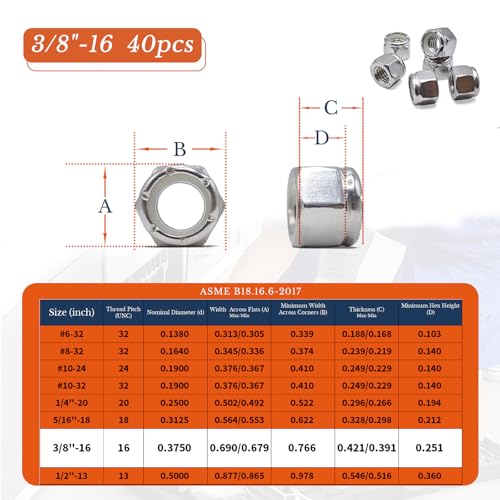 3/8"-16 Nylon Insert Lock Nuts 40pcs SAE 304 Stainless Steel Nylon Locknuts Hex Lock Nuts Reusable Anti-Loose Corrosion-Resistant for DIY Home Automotive Industrial - size: 3/8"-16 40pcs