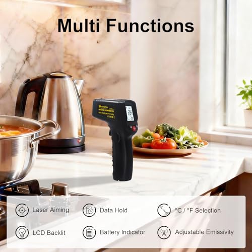 KETOTEK Infrared Thermometer Non Contact IR Digital Laser Temperature Gun -50℃~600℃ (-58℉~1112℉) Adjustable Emissivity Thermometer Gun for Cooking - color: Black