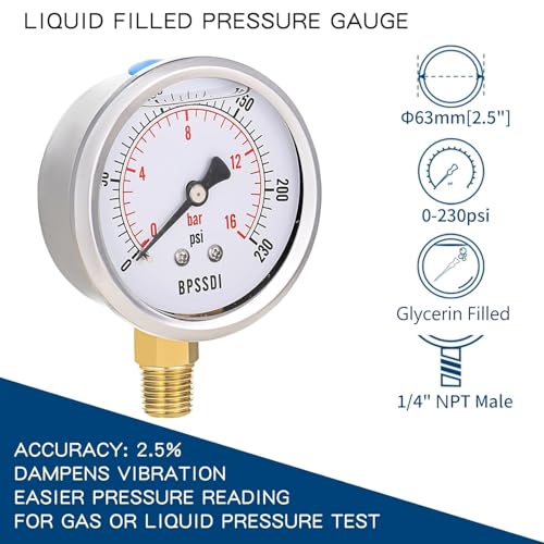 0-230 Psi Glycerin Liquid Filled Pressure Gauge, 2.5" Dial Size, 1/4" NPT Lower Mount, 304 Stainless Steel Case, for Pool Pump Sand Filter Air Compressor, Water Oil Air Pressure Test - size: 0-230 psi, style: Lower Mount