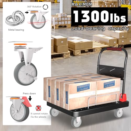 Heavy Duty Platform Trucks Flatbed Cart with Brake Wheels & Fence - color: Black, size: 36"x24"