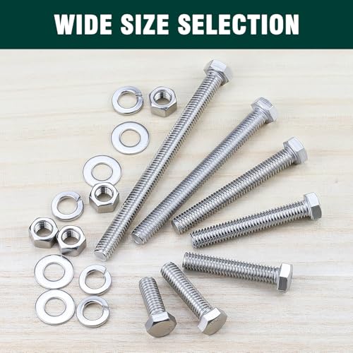 (5 Sets) 1/2-13 x 2 Hex Bolt and Nut Kit, 304 Stainless Steel (18-8), Fully Threaded, Flat & Lock Washers Included - size: 1/2-13 x 2"