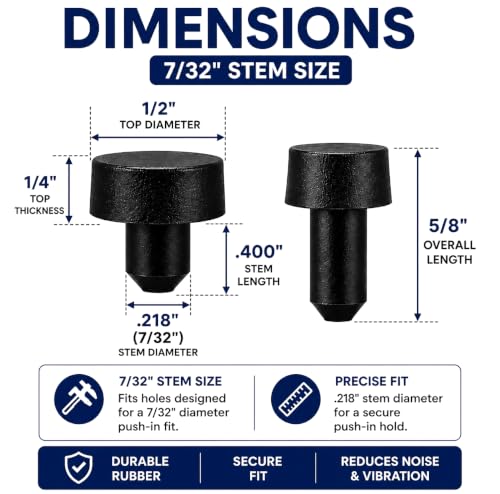 7/32" Push-in Rubber Feet, 1/2" OD x 1/4" High, Vibration Isolation Bumpers for Electronics, Equipment, Cabinets & Appliances (12 Pack)