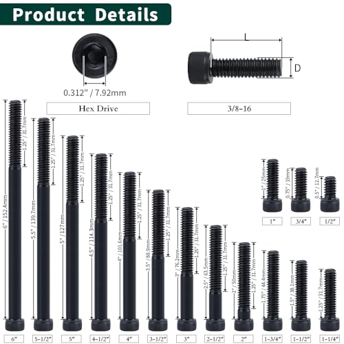 3/8-16 x 1 Socket Head Cap Screws Bolts, 12.9 Grade Alloy Steel, Black Oxide Finish, Allen Hex Drive, Full Thread, 10 PCS - size: 3/8-16 x 1"