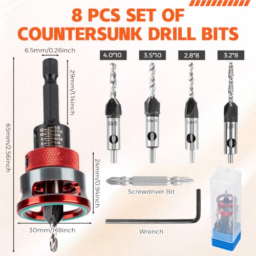 8 PCS Countersink Drill Bit Set with Adjustable Depth Stop Collar