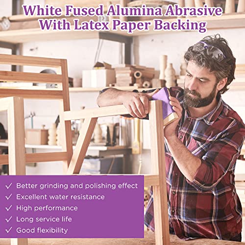 LotFancy 400 Grit Sandpaper, 30PCS 9 x 11” White Fused Alumina Wet Dry Sanding Sheets, for Automotive Metal Sanding Polishing, Wood Finishing, Purple - size: 400 Grit