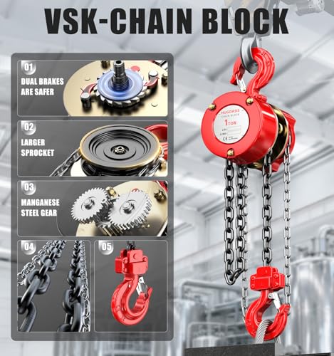 1 Ton Chain Hoist, 2200 lbs Capacity Manual Chain Block with 10 FT Lift, G80 Steel Chain, Dual Brake System & Safety Hooks, Compact Low Headroom Hoist for Garage, Warehouse,Construction Sites - color: Red, size: 1Ton 10FT
