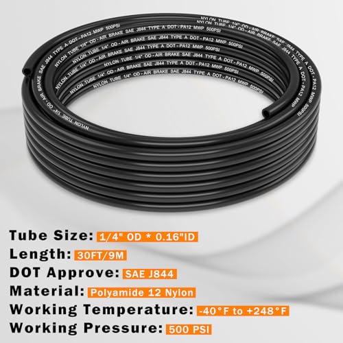 CheeMuii 30FT 1/4" DOT Air Line 1/4 Air Hose PA12 Nylon Pneumatic Tubing - color: Black, size: 1/4"OD-30FT