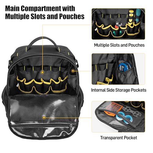 Rexmica Heavy-Duty Tool Bag Backpack for Men with 3 Tool Pouches, Black - color: Black