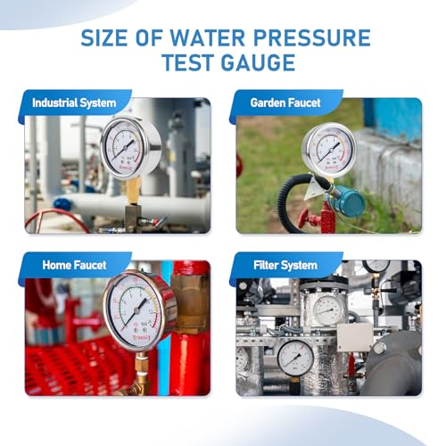 Water Test Pressure Gauge,2.5" Dial,0-200PSI/0-1.4MPA,Glycerin Liquid Filled Pressure Gauge,1/4" NPTthread,Lower Mount, for Water Oil Air Pressure Test(Stainless Steel/Color) - size: Gauge | Standalone