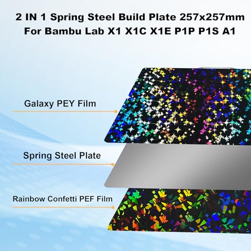 IdeaFormer Holographic Smooth P2S P1S X2D Build Plate for Bambu Lab X2D/X1/X1C/X1E/P1P/P1S/P2S/A1, Flexible Galaxy PEY+Rainbow Confetti PEF Print Bed Plate 257x257mm for Bambu 3D Printers Build Plate - color: Rainbow Confetti Pef+galaxy Pey