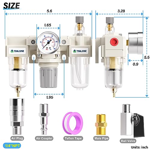 TAILONZ PNEUMATIC 1/4 Inch NPT Manual Drainage 3 in 1 Oil Air Pressure Regulator Filter AC2000-02(0-150PSI) with Lubricator Cup for Air Tools System - color: Manual/3 in 1, size: 1/4"NPT