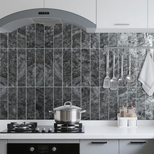 AULIGET 40-Piece Polished Dark Grey Marble Peel and Stick Backsplash Wall Tiles, 3" x 12" PVC Faux Stone Stick on Tiles for Backsplash Kitchen, Bathroom, Laundry Room, Camper, Fireplace - color: Polished Dark Grey Marble, size: 40 Pieces, 3"x12"x0.12"