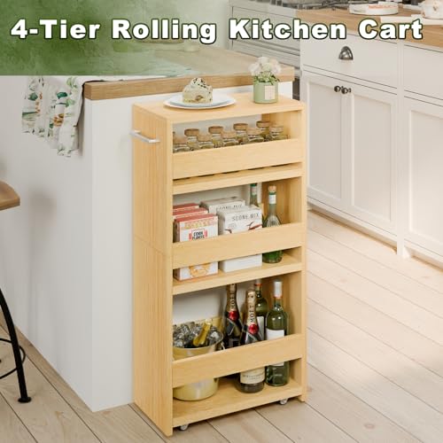MARTY Slim Rolling Storage Cart, Wood Utility Kitchen Bathroom Laundry Cart - color: Maple, size: 7.9"D x 15.75"W x 31.5"H