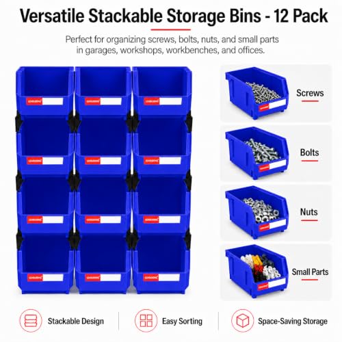 12 Pack Stackable Plastic Parts Bins, 7x5x4 in, Blue - color: Blue-12 Pack, size: 7"x5"x4"