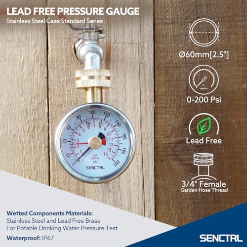 SENCTRL 0-200 Psi Lead-Free Water Pressure Gauge Test with Lazy Hand - size: Lead Free with Lazy Hand (0-200 psi)