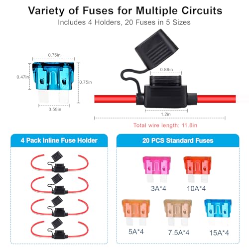 Anyongora 4 Pack 16AWG Waterproof Inline Fuse Holder with 20 ATC/ATO Fuses