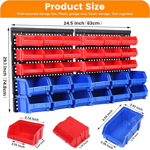 MaxWorks Wall Mount Storage Rack 30 Bin Heavy‑Duty Organizer for Nuts Bolts Screws Nails Beads Buttons and Small Parts for Garage Home and Workshop Blue and Red Bins (80694) - size: 30 Bin / Pack of 1