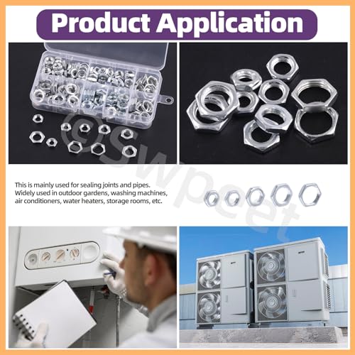 Swpeet 180Pcs 5 Sizes M6 M7 M8 M10 M12 White Zinc Plated Thin Hex Lock Nut Assortment Kit, White Zinc Plated Hex Locknuts Fitting for Pipe Fitting and Plumbing Fixed