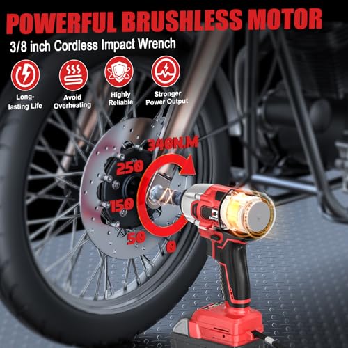 Cerycose Cordless Impact Wrench Compatible with Milwaukee 18V Battery, 250FT-LBS 3/8 inch Compact Impact, Brushless Electric Gun with LED Work Light, Tool Only - color: Red (250 Ft-lbs)