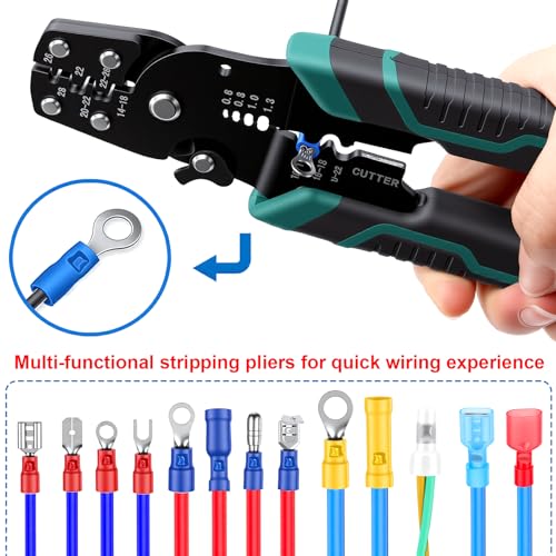 smseace Wire Crimping tool Wire crimper,stripper and cutter for insulated/Bare/Heat Shrink connectors(22-10 AWG) Multifunctional stripping crimping pliers (No connector included) - color: Green