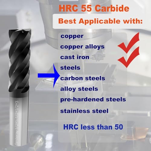 13/64" Carbide Square End Mill Set for Alloy Steels/Hardened Steels, 4 Flute HRC 55 Deg AlTiN Coating End Mill Bits Set, CNC Router Bits (Pack of 5) - size: 13/64 inch