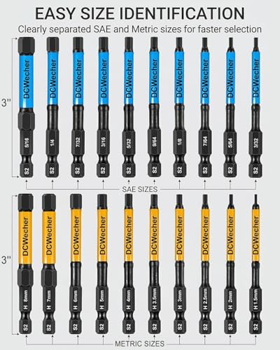 DCWecher 3-Inch Impact Hex Bit Set, 20PCS Long Allen Wrench Drill Bit Set - size: 3" 20-PCS Hex Bits (Metric & SAE)