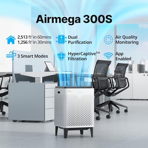 COWAY Air Purifier for Large Room Whole Home Up to 2,512ft², HEPA Filter for Smoke, Allergies, Pet Dander, Odor, App-Enabled, AQI, Smart Mode, Timer, 5yr Warranty, Airmega 300S, AP-1515G - style: AIRMEGA 300S WHITE