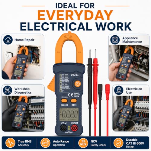 IZIO DT211 Mini Digital Clamp Meter, 600A AC Current Tester & 600V AC/DC Voltage Multimeter, True RMS, NCV Non-Contact Voltage Detector, Auto Range Resistance Capacitance Frequency Tester
