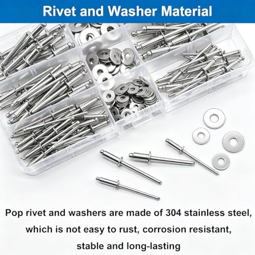 240pcs 304 Stainless Steel Rivets with Washers Assorted kit - color: 240Pcs