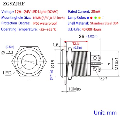 16mm 5/8in Indicator Light Stainless Steel 304 12V-24V DC/AC Pilot Lamp Waterproof IP66 Metal 2Pcs - color: Red, size: 12-24 V AC/DC