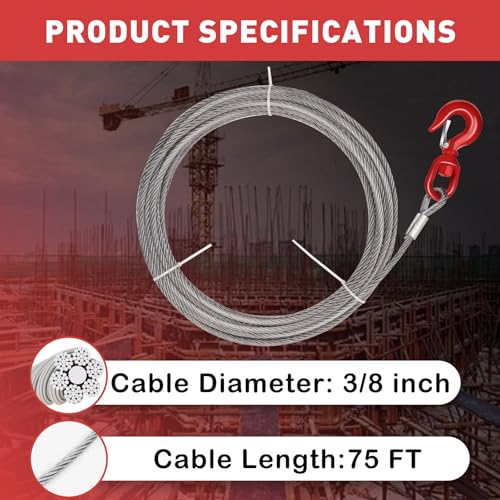 Steel Winch Cable,3/8" x 75' Wire Rope with Swivel Hook,17637 Lbs Breaking Strength,6x19 Strand Core Steel Towing Cable for Tow Truck,Crane,Wrecker - size: 75 ft