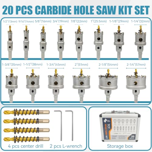 20PCS Carbide Hole Saw Kit for Metal, 1/2" to 2-1/4" Hole Cutter Set