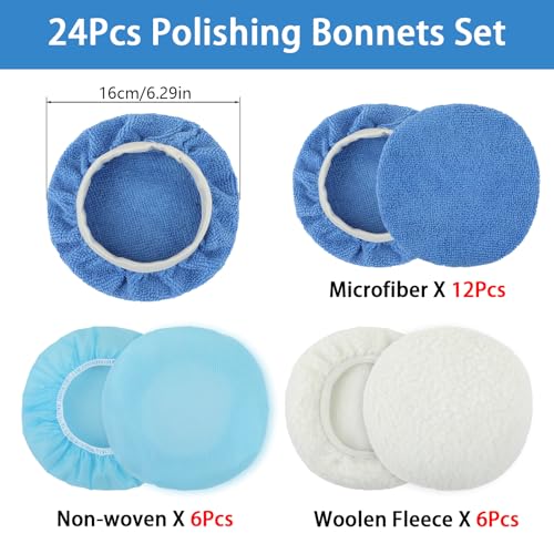 24 Pcs Car Buffing Pads 5-6 Inch Bonnet Set for Polishing Waxing