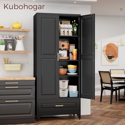 75" Kitchen Pantry Cabinet, Metal Storage Cabinets with 2 Doors - color: Black, size: 75"H-1 Drawer